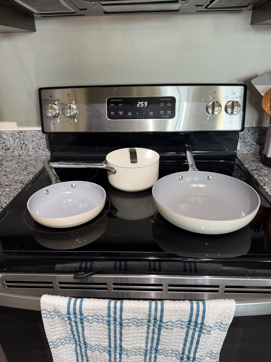 Gloria's cream Caraway skillets and saucepan on her stove